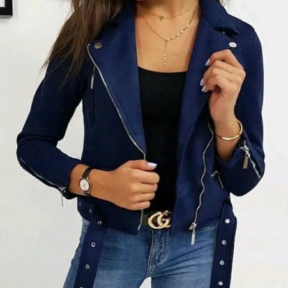 EUC Zara Womens Navy Blue Suede Effect Biker Jacket (No Belt)